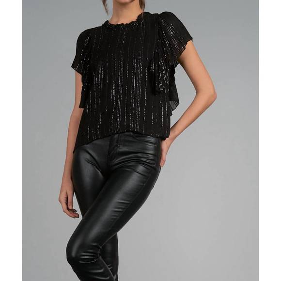 NEW ELAN shimmer flutter sleeve top in black - Picture 1 of 4